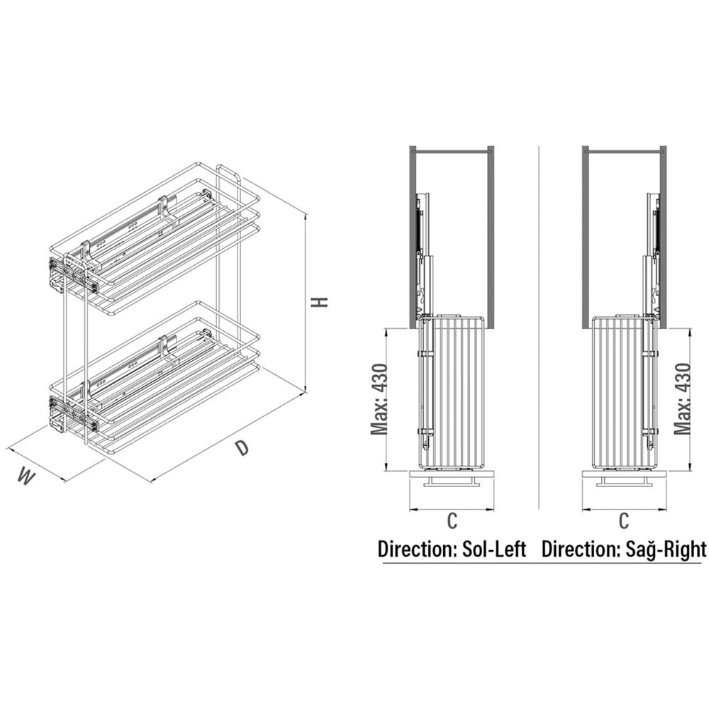 Gizli Raylı Deterjanlık Çift Açılım Sağ 16 cm-Antrasit
